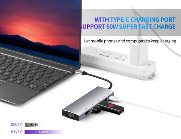 USB-C to HDM VGA 3 USB3.0 and PD 6 in 1 USB C Hub Adapter - Imagen 3