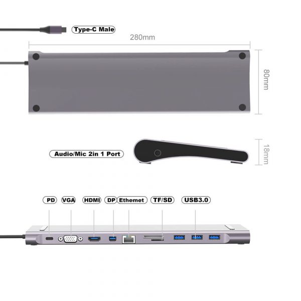 USB Type C 11 in 1 Hub USB C to HDMI 3USB 3.0 Gigabit lan VGA, DisplayPort/or Mini DisplayPort SD TF 3.5mm Audio, and PD adapter - Image 8