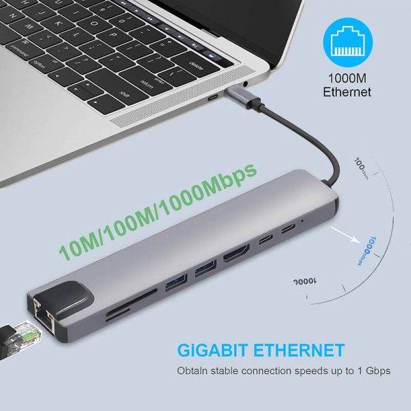 USB Type C to HDMI 2USB 3.0 Gigabit lan SD TF USB-C female and PD 8 in 1 Type C Hub Adapter - Imagen 3