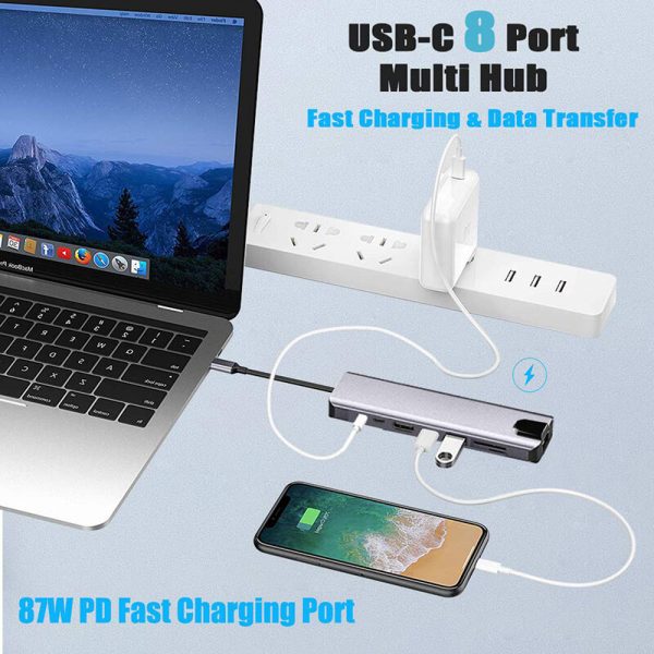 USB Type C to HDMI 2USB 3.0 Gigabit lan SD TF USB-C female and PD 8 in 1 Type C Hub Adapter - Imagen 4