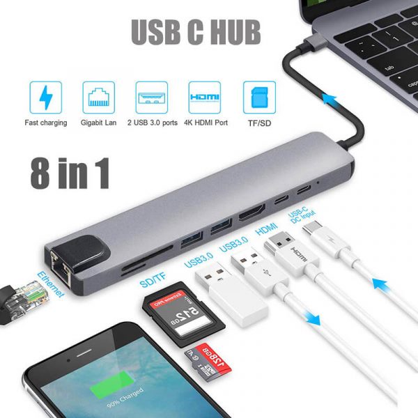 USB Type C to HDMI 2USB 3.0 Gigabit lan SD TF USB-C female and PD 8 in 1 Type C Hub Adapter - Imagen 5