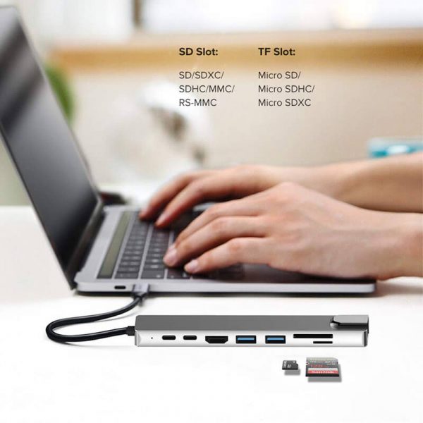 USB Type C to HDMI 2USB 3.0 Gigabit lan SD TF USB-C female and PD 8 in 1 Type C Hub Adapter - Imagen 6