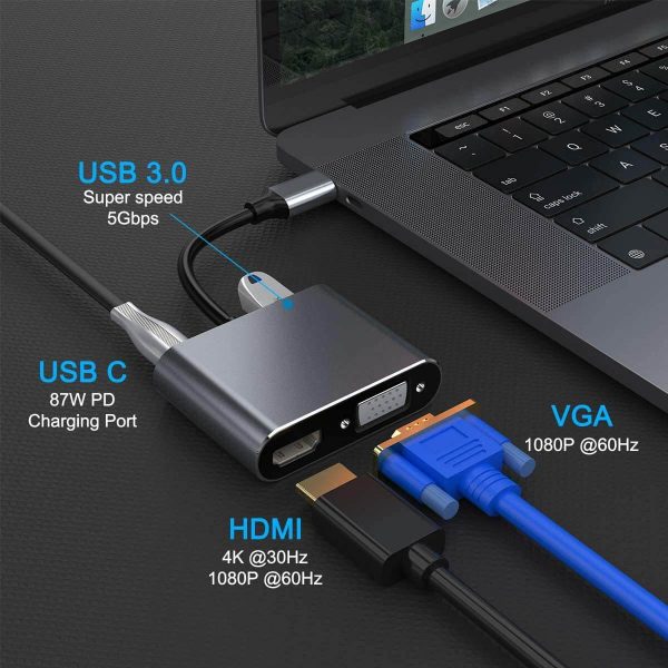 4 in 1 USB C to PD Adapter Hub, HDMI, VGA, and USB 3.0 - Imagen 4