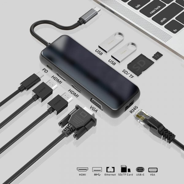 USB-C to Dual HDM 9 in 1 Hub with VGA RJ45 2USB 3.0, SD TF, and PD Adapter - Imagen 3