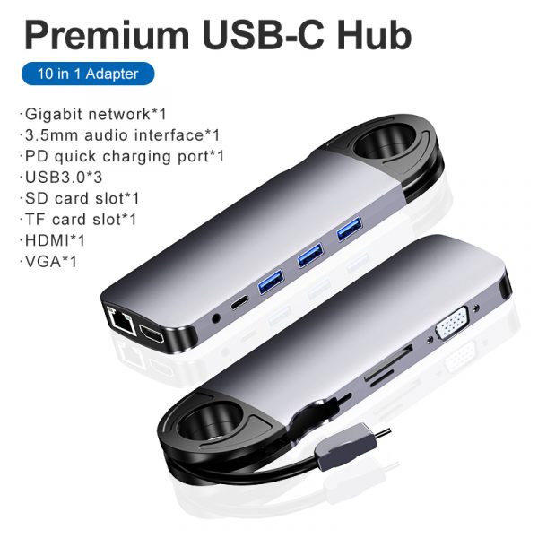 10 in 1 Hub USB C to HDMI 3USB 3.0, Gigabit Ethernet, VGA, SD, TF, audio, and PD adapter - Image 2