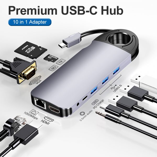 10 in 1 Hub USB C to HDMI 3USB 3.0, Gigabit Ethernet, VGA, SD, TF, audio, and PD adapter - Image 3