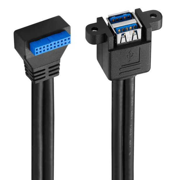 90° Angle 20PIN MotherBoard Female to Dual Vertical USB 3.0 A Female Panel Mount Cable - Imagen 2