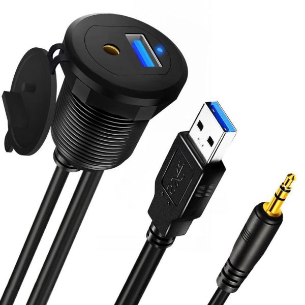 Aleación de aluminio USB 3.0 A, 3.5mm estéreo Cable impermeable de coche macho a hembra Cable de montaje empotrado en panel de coche con indicador LED