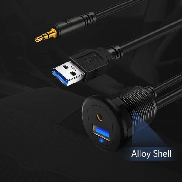 Aluminium Alloy USB 3.0 A, 3.5mm stereo Car Waterproof Cable Male to Female Car Flush Panel Mount Cable with LED Indicator - Imagen 2