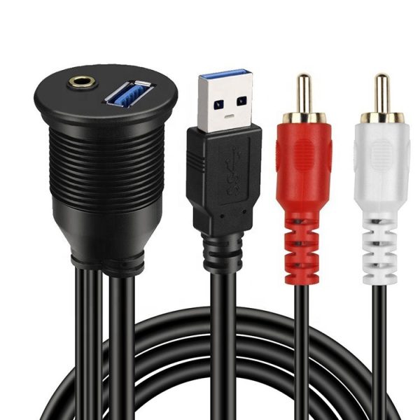 Panel Mount USB Port USB 3.0 A and 2RCA to 3.5mm Male to Female flush Car Waterproof Cable - Imagen 2