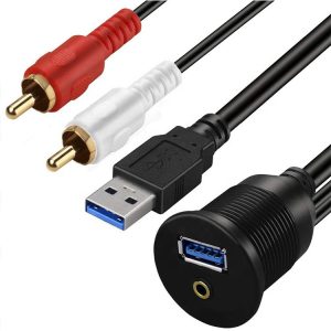 Panel de montaje del puerto USB USB 3.0 A y 2RCA a 3,5 mm macho a hembra a ras Cable impermeable coche