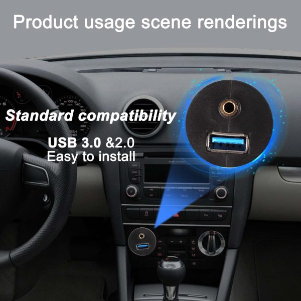 Flush USB A Panel Mount USB 3.0 A and 3RCA to 3.5mm Male to Female Car Waterproof Cable - Imagen 5