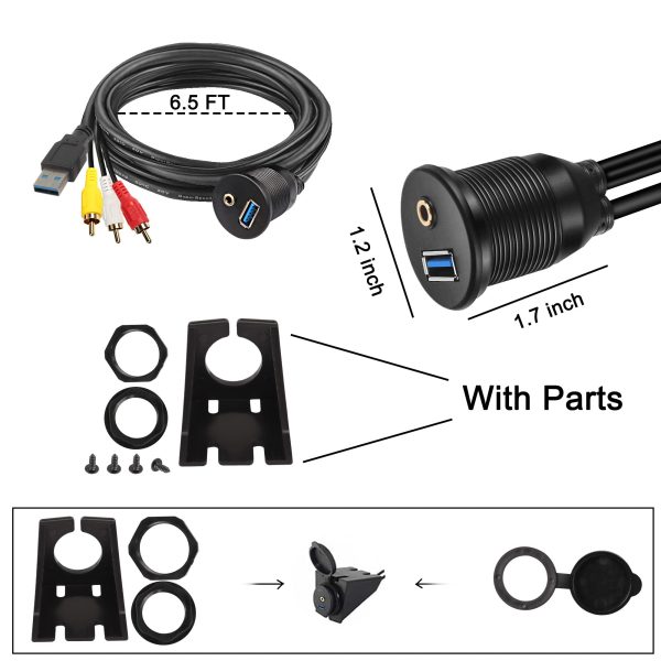 Flush USB A Panel Mount USB 3.0 A and 3RCA to 3.5mm Male to Female Car Waterproof Cable - Imagen 3