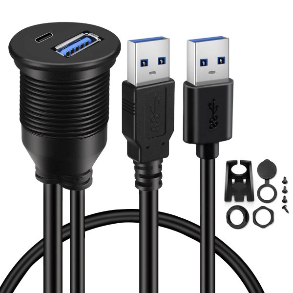 Dual USB Panel Mount USB 3.0 A Macho a USB A y USB C Hembra Cable impermeable para coche