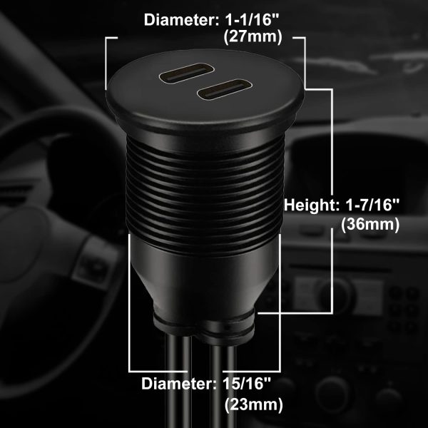 Dual Flush Panel Mount USB A Male to Dual USB C Female Car Waterproof Cable - Imagen 2