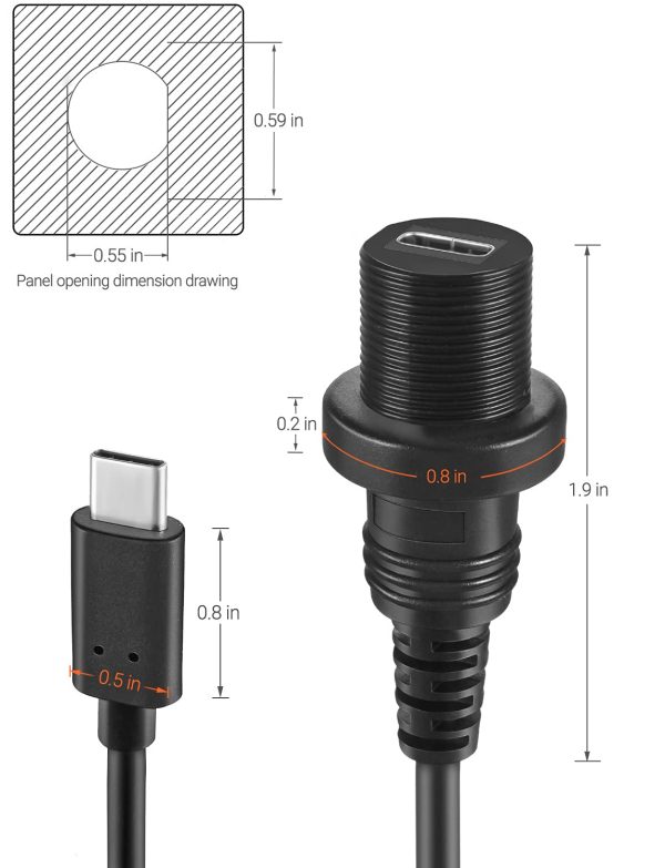 Single Port Panel Mount USB Type C Flush Mount Car Cable - Imagen 3