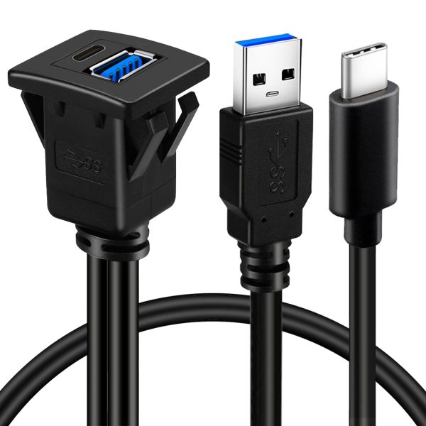 Cable cuadrado USB 3.0 A y USB C macho a hembra para montaje empotrado en el coche